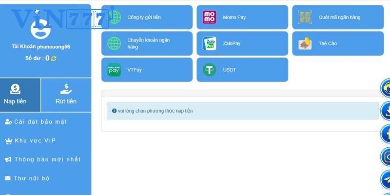 Hệ thống cung cấp nhiều phương thức nạp tiền cho người chơi dễ dàng lựa chọn